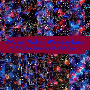 May include: A digital paper pack with 18 seamless patterns featuring music notes and a galaxy background in shades of blue, red, and black.