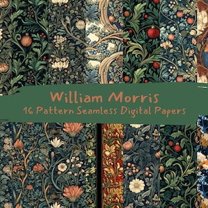 Può includere: Un pacchetto di carta digitale con 16 motivi senza cuciture ispirati ai disegni di William Morris. I motivi sono intricati e presentano motivi floreali, viti e foglie in una varietà di colori, tra cui verde, blu, rosso e giallo.