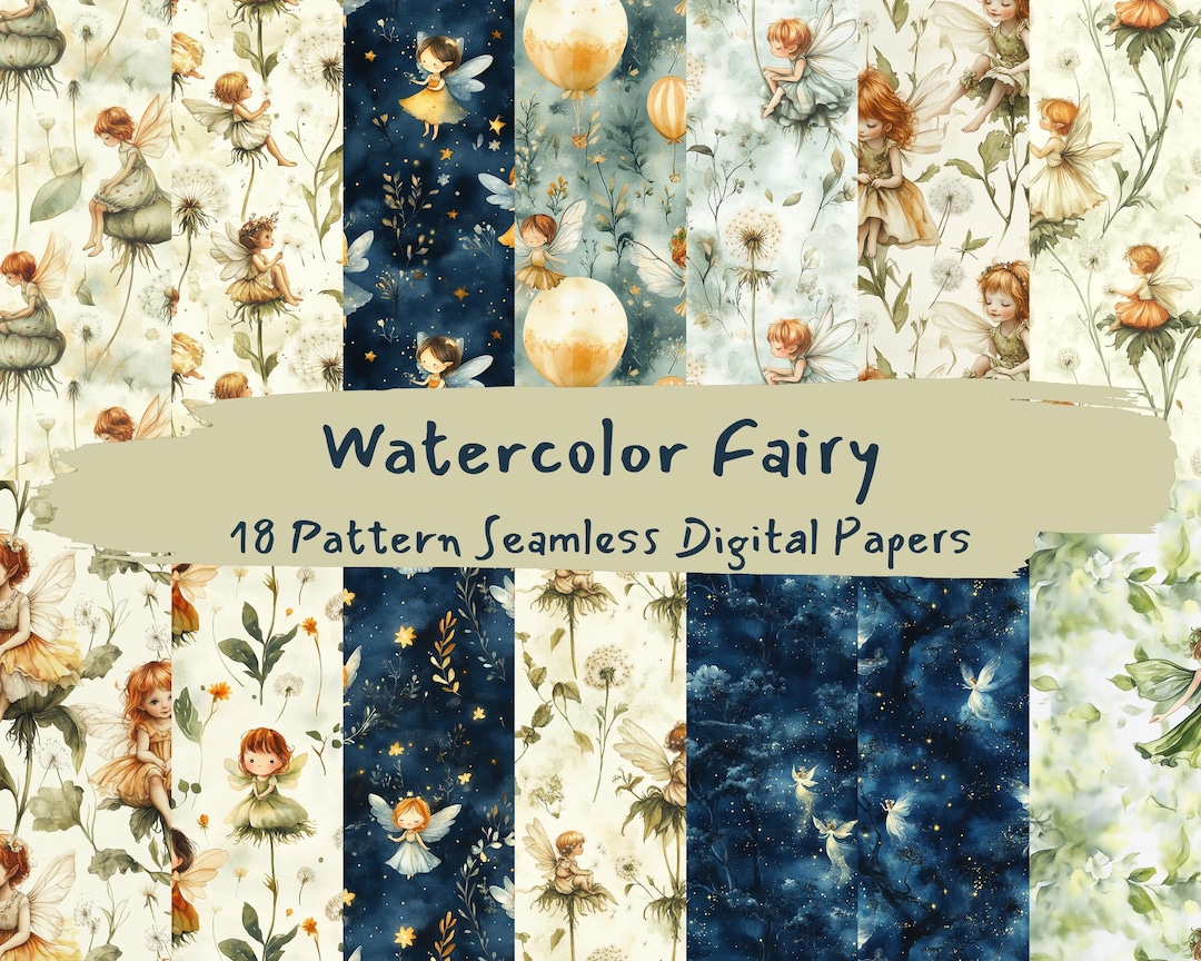 Watercolor Fairy Pattern Seamless Digital Papers - Printable Scrapbook ...