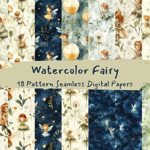 Watercolor Fairy Pattern Seamless Digital Papers - printable scrapbook paper png instant download commercial use 300dpi