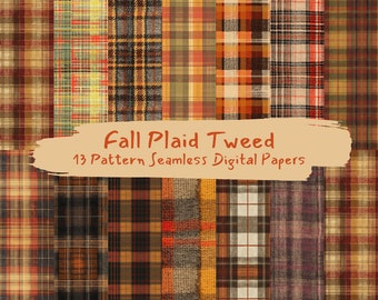 May include: Thirteen digital paper patterns featuring various plaid designs in autumnal colors like red, orange, yellow, brown, and black. The text "Fall Plaid Tweed 13 Pattern Seamless Digital Papers" is displayed on a brown background.