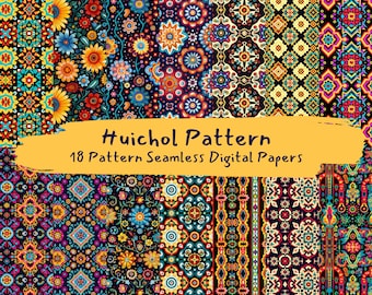 Papéis digitais sem costura com padrão Huichol mexicano para impressão, scrapbook, lixo, diário, coisas efêmeras, download instantâneo, uso comercial 300dpi