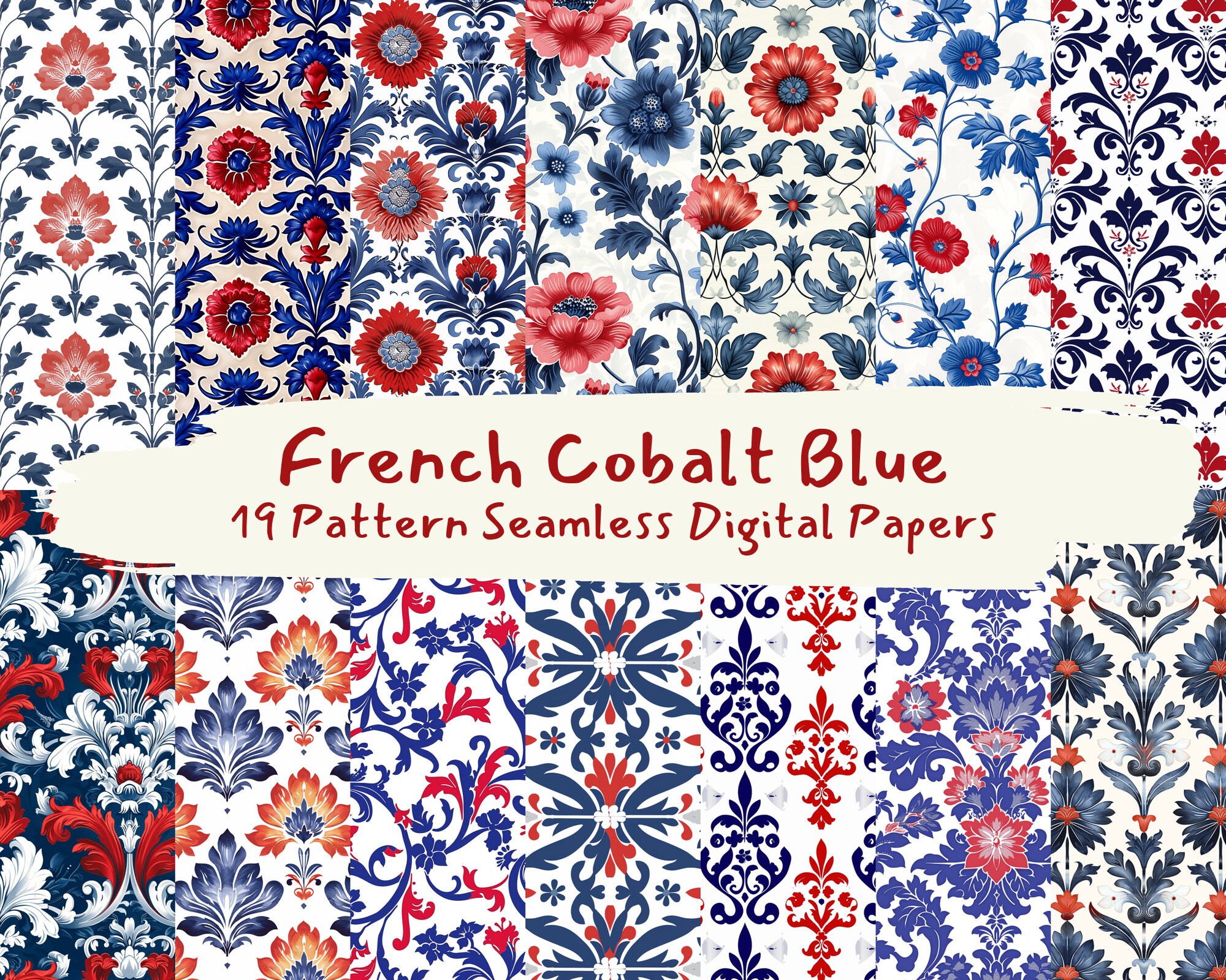 French Cobalt Blue Pattern Seamless Digital Papers - Printable ...
