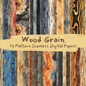 May include: A collection of 15 digital wood grain patterns. The patterns are seamless and feature various colors and textures, including brown, blue, and black.