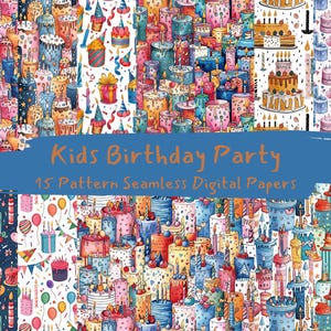 Kids Birthday Party Pattern Seamless Digital Papers - printable scrapbook paper png instant download commercial use 300dpi