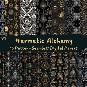 May include: A set of 13 digital papers featuring seamless patterns inspired by Hermetic Alchemy. The patterns are black with gold and white accents and feature geometric shapes, stars, and alchemical symbols.
