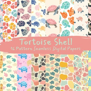 Puede incluir: Un conjunto de 16 papeles digitales con patrones de caparazón de tortuga. Los patrones son de varios colores, incluyendo rosa, azul, amarillo y verde. Los patrones son sin costuras y se pueden usar para una variedad de proyectos, como scrapbooking, creación de tarjetas y diseño digital.