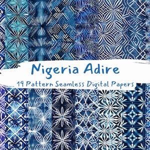 Nigeria Adire Pattern Seamless Digital Papers - carta per scrapbooking stampabile con motivi di piastrelle, download immediato per uso commerciale, 300 dpi