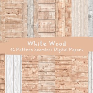 May include: A set of 16 digital papers featuring seamless patterns of whitewashed wood planks in various shades of brown and white.  The digital papers are perfect for crafting, scrapbooking, and digital design projects.