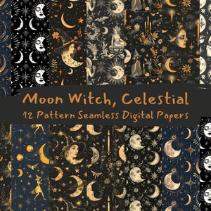 May include: Twelve digital paper patterns featuring a celestial theme with moons, stars, and witches. The patterns are in gold and white on a black background.