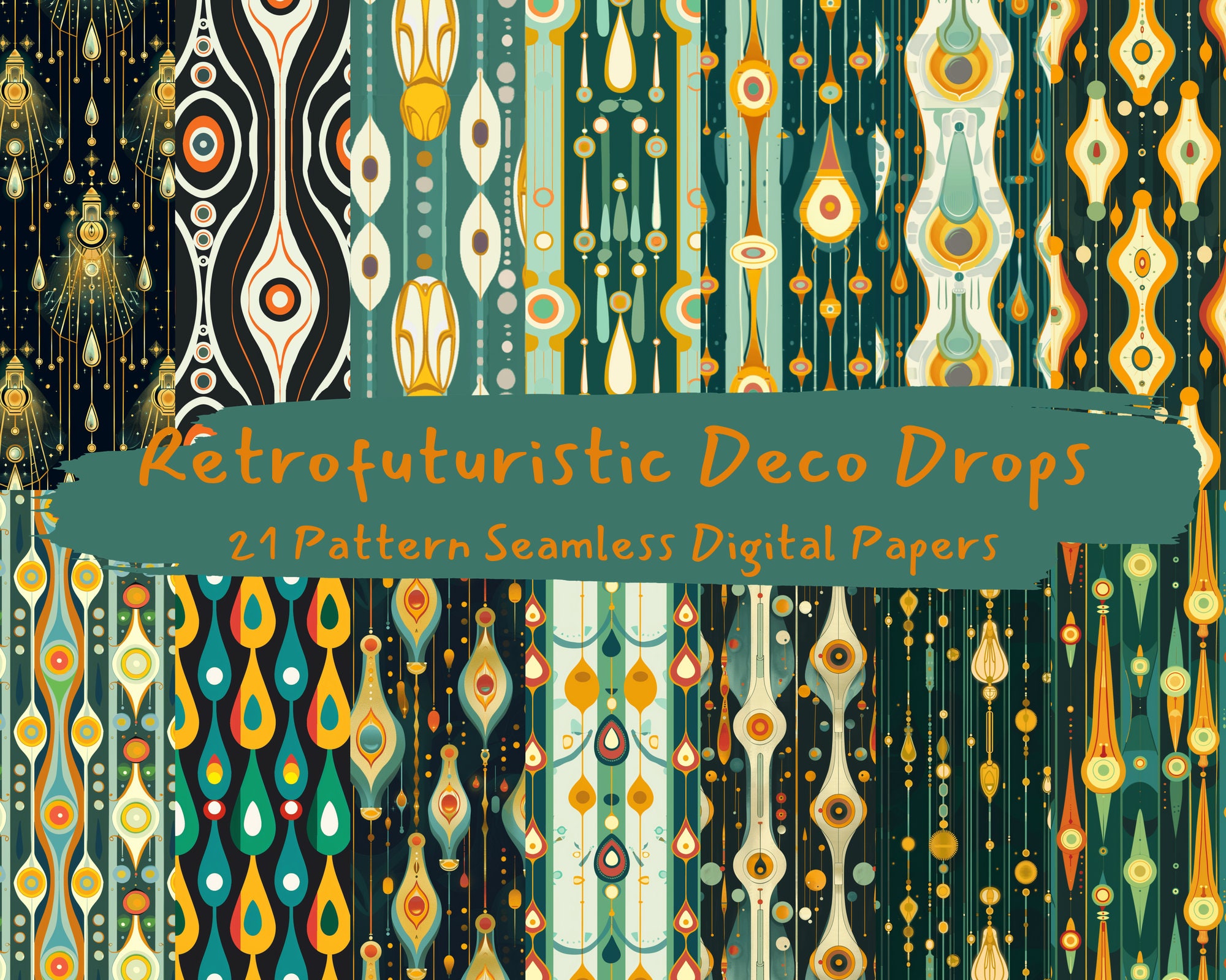 Retrofuturistic Deco Drops Pattern Seamless Digital Papers - Printable ...