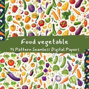 May include: A set of 13 digital paper patterns featuring colourful vegetables, including broccoli, carrots, aubergine, onions, peppers, and courgettes. The patterns are seamless and can be used for a variety of projects, such as scrapbooking, card making, and digital design.