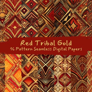 May include: A collection of 16 seamless digital papers with a red, gold, and black tribal pattern. The design features geometric shapes and intricate details, with the text "Red Tribal Gold" and "16 Pattern Seamless Digital Papers".