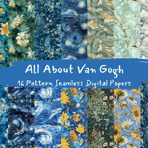 Puede incluir: Una colección de 16 diseños de papel digital con varios patrones inspirados en la obra de Vincent van Gogh. Los patrones incluyen pinceladas en espiral, girasoles y noches estrelladas.
