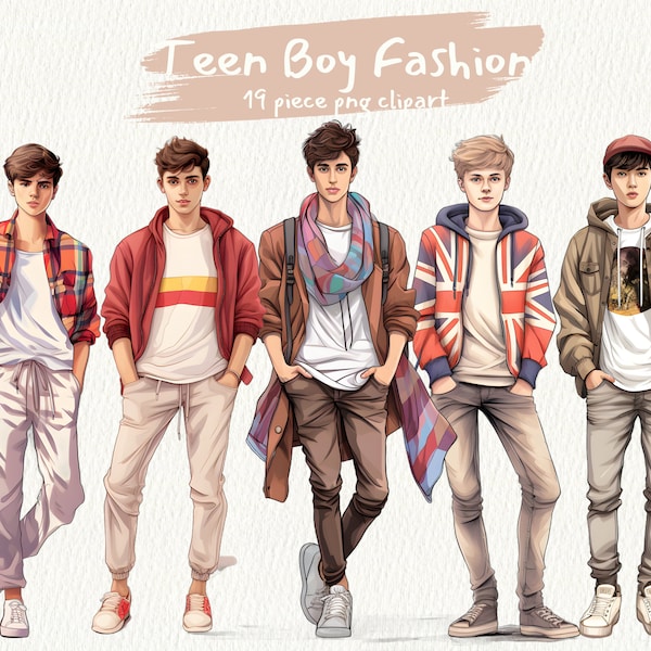 Paquete de imágenes prediseñadas digitales Teen Boy Fashion en formato PNG descarga instantánea transparente para uso comercial