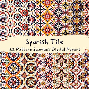 May include: A set of 22 digital papers featuring seamless patterns of colorful Spanish tile designs. The tiles are in various shades of blue, red, yellow, and white, with intricate geometric patterns.
