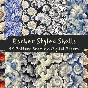 May include: Fifteen seamless digital papers with Escher-style shell patterns. The designs feature detailed seashell motifs in diverse colour schemes, including blue, white, and orange, set against dark backgrounds. The text reads "Escher Styled Shells".