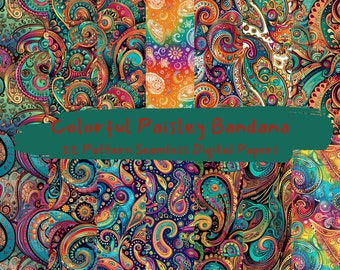 Colorful Paisley Bandana Pattern Seamless Digital Papers - printable scrapbook paper instant download, commercial use, 300dpi
