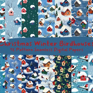 Op de afbeelding: Twaalf digitale papierpatronen met een winters tafereel met vogelhuisjes, sneeuw en bomen. De patronen zijn naadloos en kunnen worden gebruikt voor knutselen, scrapbooking en andere creatieve projecten.