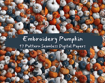 Embroidery Pumpkin Pattern Seamless Digital Papers - printable scrapbook paper png instant download commercial use 300dpi