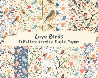 Love Birds Pattern Seamless Digital Papers - printable scrapbook paper instant download, commercial use, 300dpi