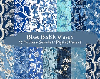 Papiers numériques sans couture motif vignes batik bleu - papier de scrapbooking imprimable téléchargement immédiat utilisation commerciale 300 dpi