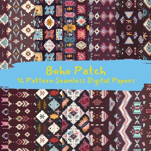 Può includere: Un set di 16 carte digitali con motivi geometrici colorati in stile boho. I motivi sono senza cuciture e possono essere utilizzati per una varietà di progetti, come lo scrapbooking, la creazione di biglietti e la progettazione digitale.