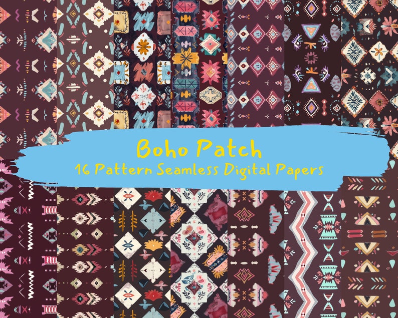 Boho Patch Pattern Seamless Digital Papers - printable scrapbook paper instant download, commercial use, 300dpi image 1
