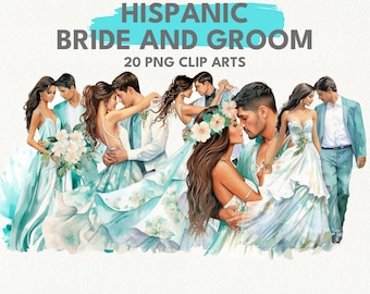 Hispanic Bride and Groom, digital printable clipart bundle in PNG format transparent background instant download for commercial use