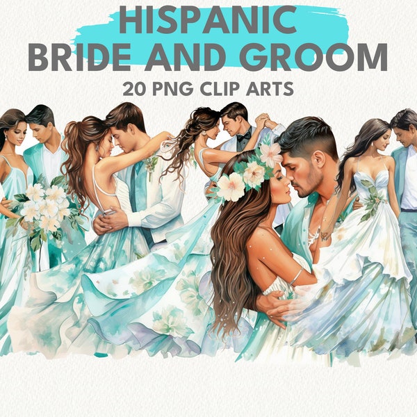 Hispanic Bride and Groom, digital printable clipart bundle in PNG format transparent background instant download for commercial use