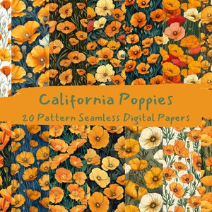 California Poppies Pattern Seamless Digital Papers - printable scrapbook paper instant download, commercial use, 300dpi