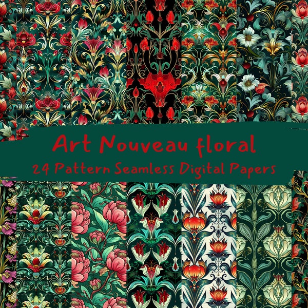 Art Nouveau floral Pattern Seamless Digital Papers - printable scrapbook paper instant download, commercial use, 300dpi