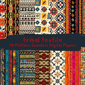 May include: A collection of 14 digital paper patterns featuring tribal textile designs. The patterns are colorful and include geometric shapes, floral motifs, and stripes.