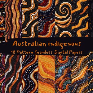 Puede incluir: 18 papeles digitales con patrones sin costuras inspirados en el arte indígena australiano. Los patrones están hechos de puntos, líneas y espirales en tonos de naranja, amarillo, negro, rojo y azul.