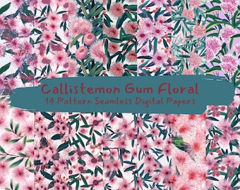 Callistemon Gum Floral Pattern Seamless Digital Papers - printable scrapbook paper png instant download commercial use 300dpi