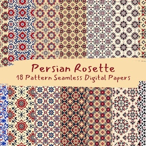 Può includere: Un set di 18 carte digitali con motivi senza cuciture ispirati ai disegni di rosette persiane. I motivi sono in tonalità di rosso, blu e bianco su uno sfondo crema.