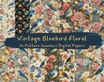 Papiers numériques sans couture vintage Bluebird motif floral - imprimable scrapbooking papier png téléchargement immédiat usage commercial 300dpi