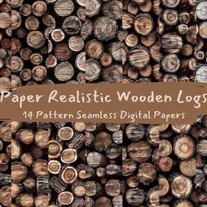 Puede incluir: Una colección de papeles digitales sin costuras con troncos de madera realistas. Los troncos están cortados y apilados, mostrando la veta y las texturas naturales de la madera en tonos marrones y grises. Se muestra el texto "Paper Realistic Wooden Logs".