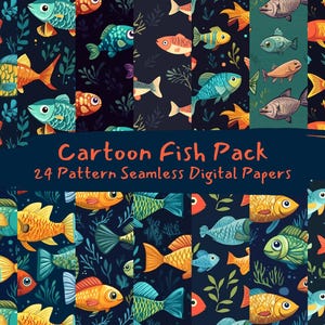 Cartoon Fish Pack Pattern Seamless Digital Papers - printable scrapbook paper png instant download commercial use 300dpi