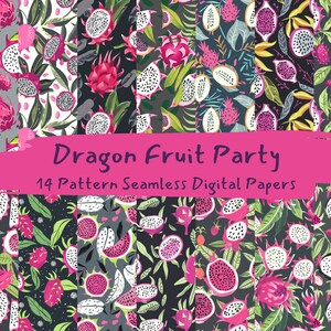 May include: A set of 14 digital paper patterns featuring a dragon fruit theme. The patterns are seamless and feature various colors, including pink, green, white, and black. The patterns are perfect for crafting, scrapbooking, and other creative projects.