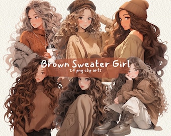 Brown Sweater Girl digital printable clipart bundle in PNG format transparent background instant download for commercial use