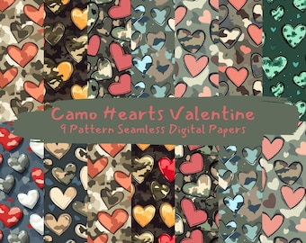 May include: A digital paper set featuring nine seamless patterns with heart shapes in various colors and camouflage designs. The text "Camo Hearts Valentine" is displayed across the image.