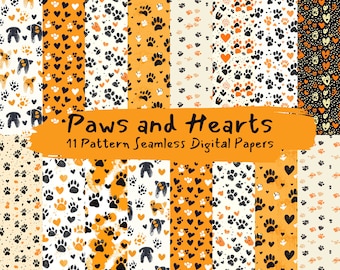 Paws and Hearts Pattern Seamless Digital Papers - tile patterns printable scrapbook paper instant download for commercial use, 300dpi