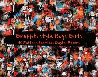 Graffiti style Boys Girls Pattern Seamless Digital Papers - printable scrapbook paper png instant download commercial use 300dpi