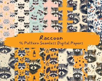 Raccoon Pattern Seamless Digital Papers - printable scrapbook paper instant download, commercial use, 300dpi