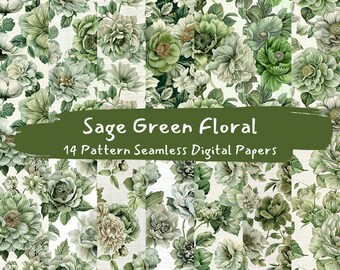Salbeigrünes Blumenmuster, nahtlose digitale Papiere – druckbares Scrapbook-Papier, sofortiger Download, kommerzielle Nutzung, 300 dpi