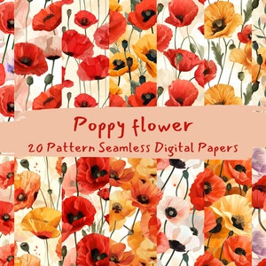 Poppy flower Pattern Seamless Digital Papers - printable scrapbook paper instant download, commercial use, 300dpi