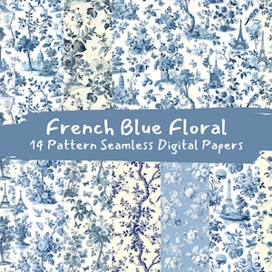 French Blue Floral Pattern Seamless Digital Papers - printable scrapbook paper png instant download commercial use 300dpi