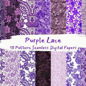 May include: 18 digital papers featuring purple lace patterns. The patterns include floral, geometric, and abstract designs.
