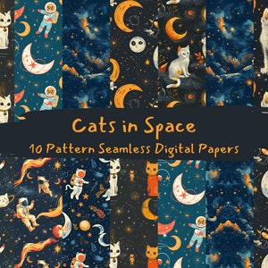 Puede incluir: Un conjunto de 10 patrones de papel digital con gatos en el espacio. Los patrones incluyen gatos con trajes de astronauta, gatos con estrellas y lunas, y gatos con planetas. Los patrones son de varios colores, incluyendo azul, amarillo, naranja y blanco.